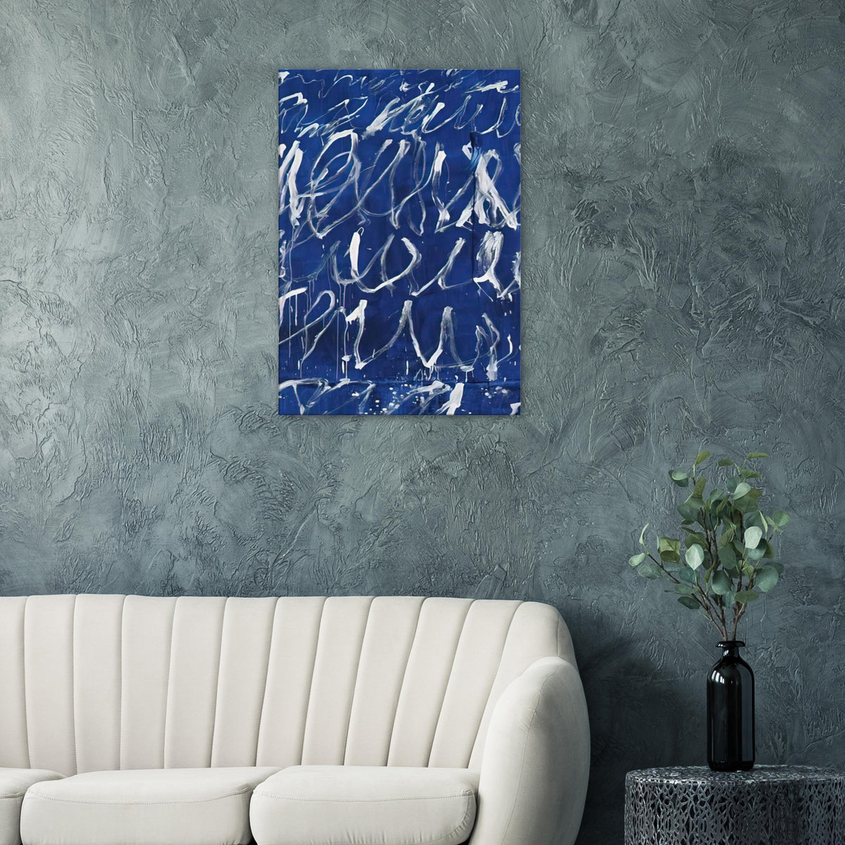 Untitled by Cy Twombly, canvas print, energetic white brushstrokes across a deep blue background, with