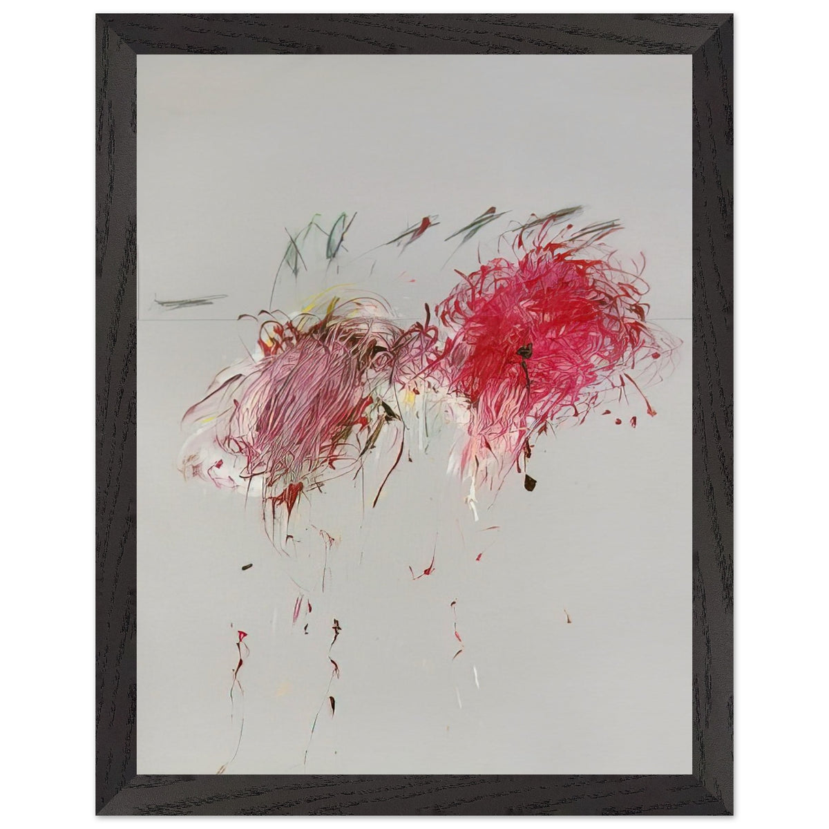 Nicola's Irises by Cy Twombly, framed art print, 50x70 cm / 20x28″, White frame; sweeping red and crimson brushstrokes, delicate pink accents, cool blue details