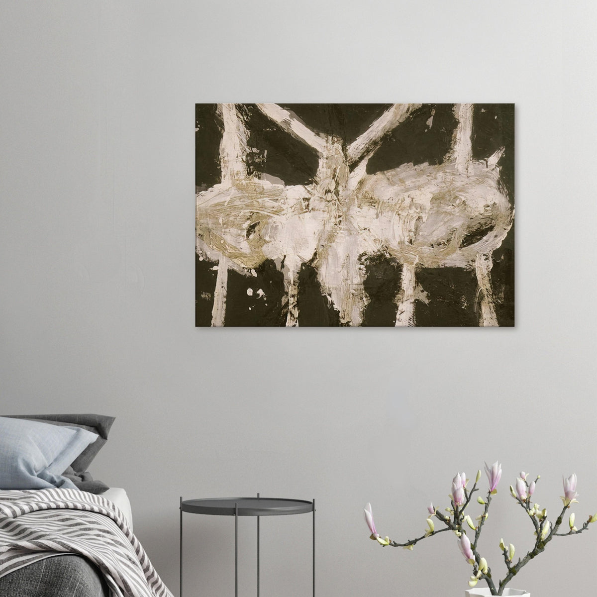 Min-Oe by Cy Twombly canvas print: This striking composition features thick ivory-white brushstrokes against a deep black background….