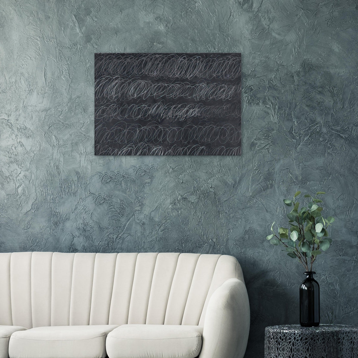 Cold Stream by Cy Twombly canvas print: repeated rows of overlapping white and gray loops across a deep charcoal-gray background.