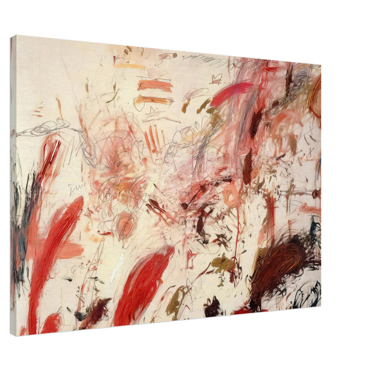 Ferragosto IV by Cy Twombly canvas print, 40 × 50 cm / 16 × 20 in: a pale cream background covered with energetic brushstrokes, spontaneous lines, and layered marks in red….
