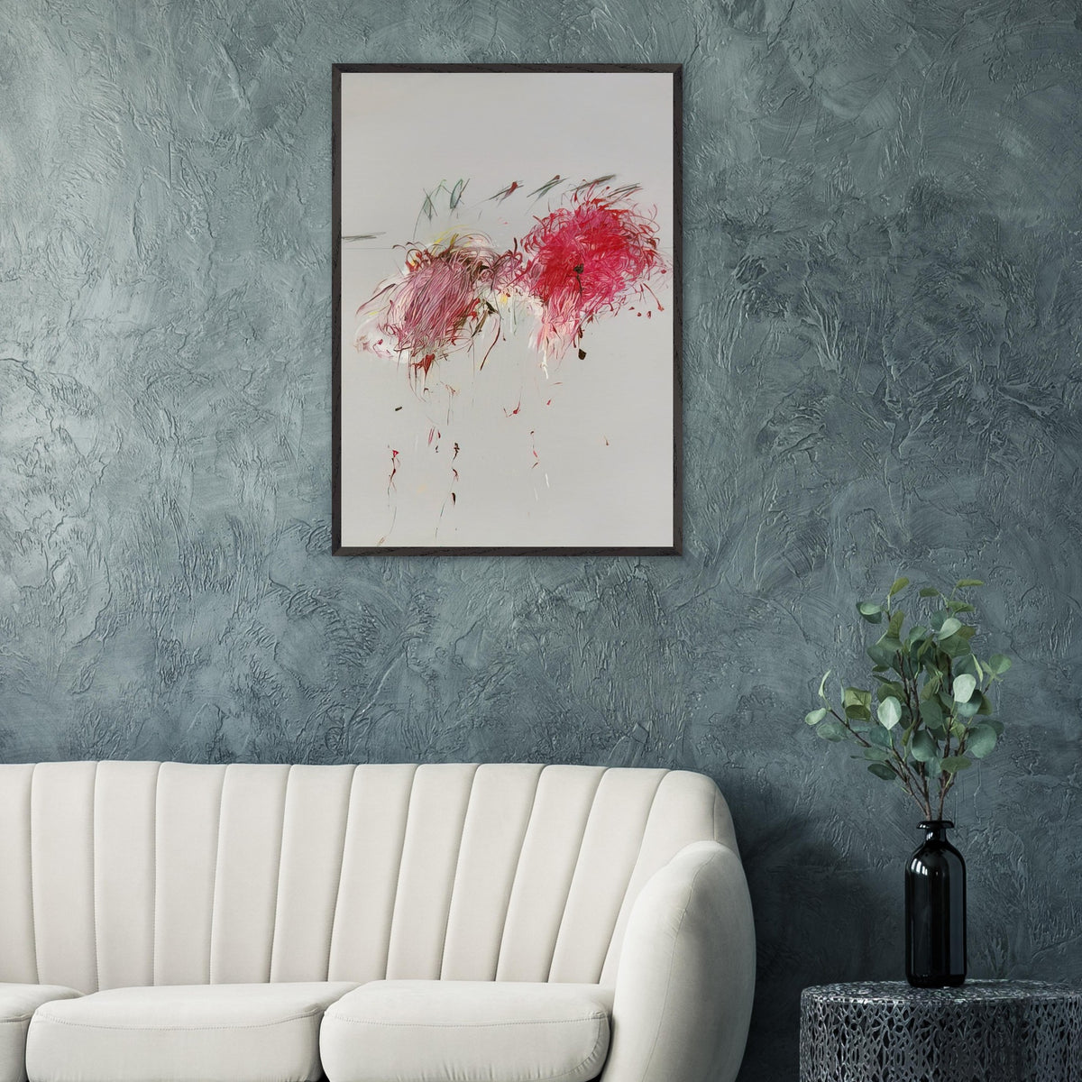 Nicola's Irises by Cy Twombly, framed art print; sweeping red and crimson brushstrokes, delicate pink accents, cool blue details, and dark gestural lines against a pale background