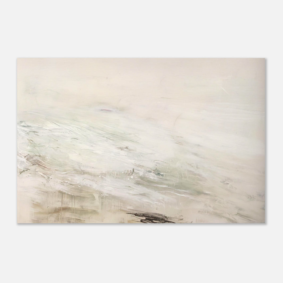 Hero and Leandro (A Painting in Four Parts) Part II by Cy Twombly poster: a pale, expansive background layered with delicate white and gray brushstrokes, subtle beige tones….