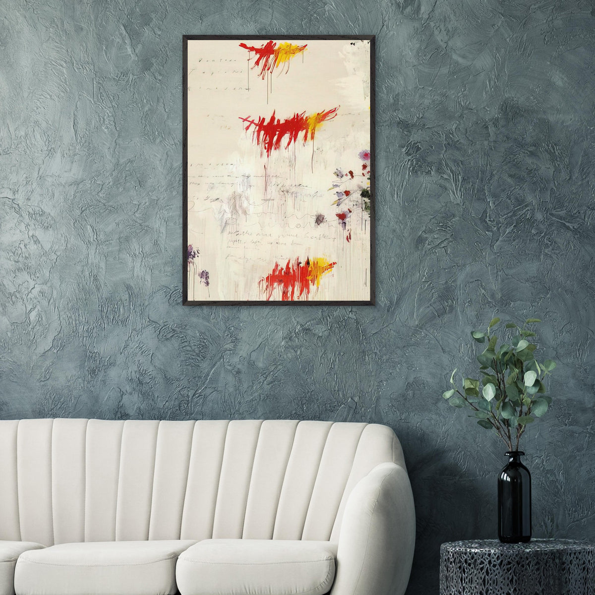 Quattro Stagioni I. Primavera by Cy Twombly, framed art print, energetic red and yellow brushstrokes, subtle purple and green details