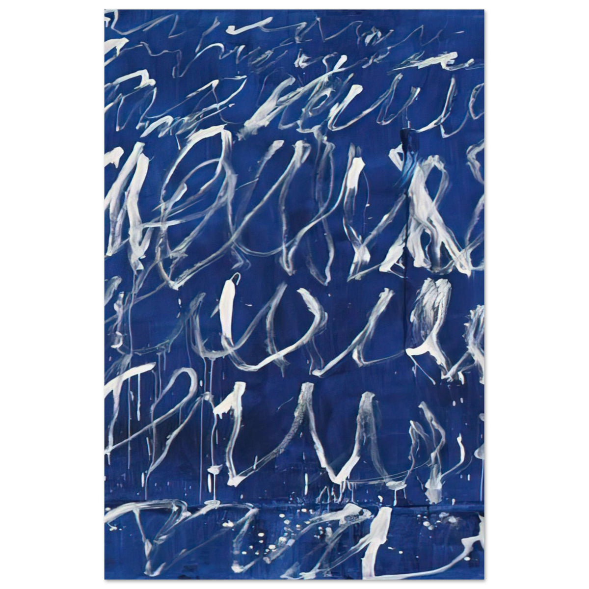 Untitled by Cy Twombly, poster, expressive white brushstrokes across a deep blue background, 20x25 cm (8x10 in)