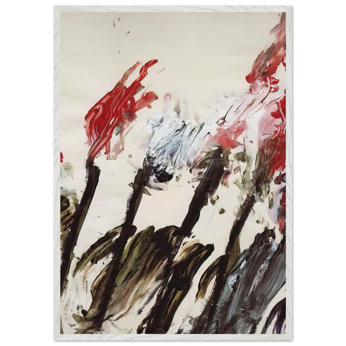Nicola's Irises by Cy Twombly, framed art print, 27x35 cm / 11x14″, Wood frame; sweeping red and crimson brushstrokes, delicate pink accents, cool blue details