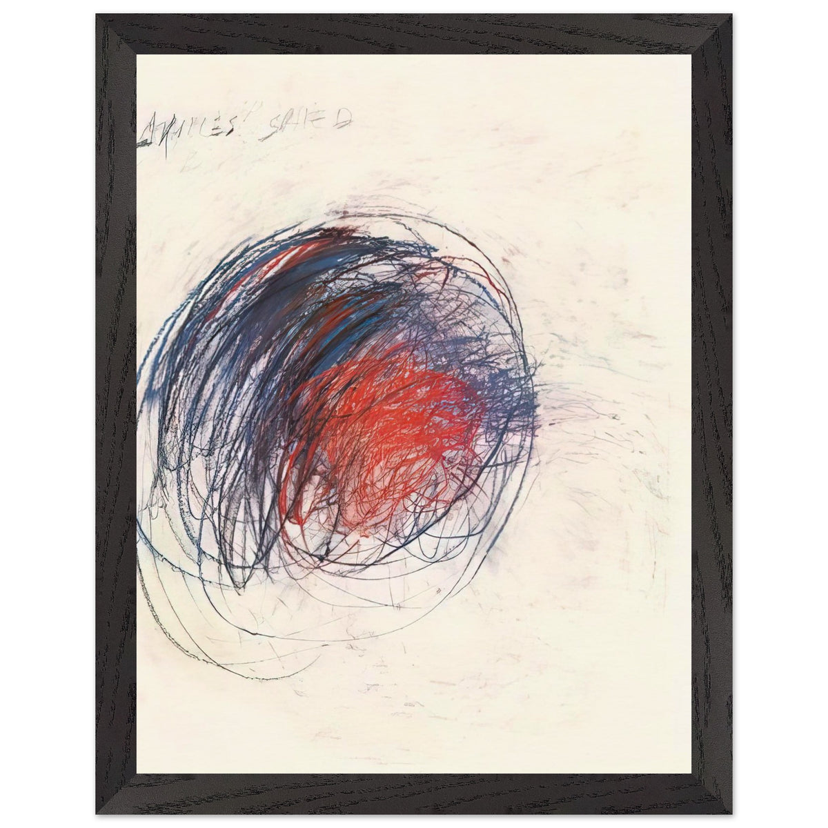 Fifty Days at Iliam: Shield of Achilles by Cy Twombly, framed art print, 27x35 cm / 11x14″, Wood frame; intricate black lines, expressive red strokes, deep blue accents