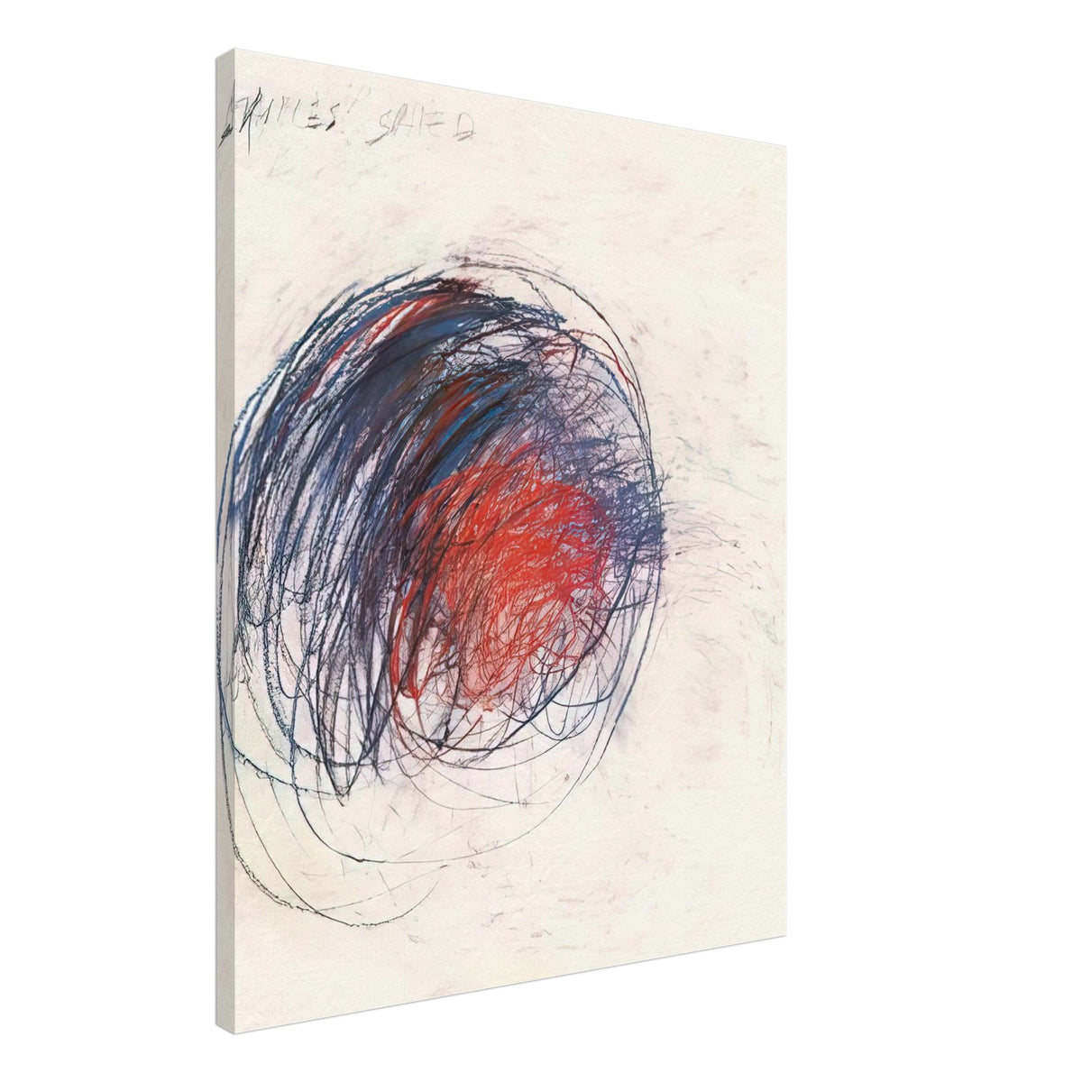 Fifty Days at Iliam: Shield of Achilles by Cy Twombly, canvas print, 60x75 cm / 24x30″; intricate black lines, expressive red strokes, deep blue accents