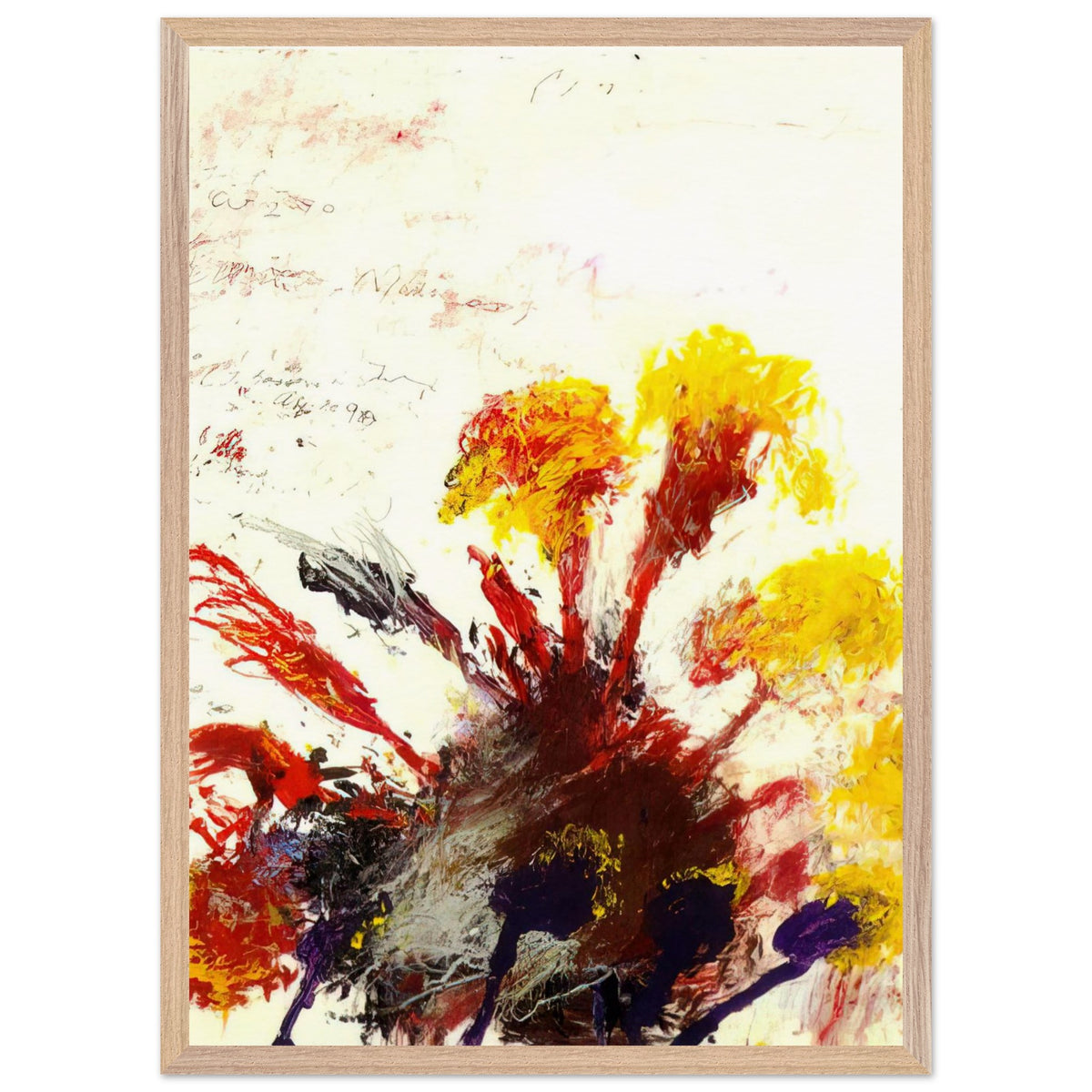 Summer Madness by Cy Twombly, framed art print, energetic red and crimson brushstrokes with bright yellow, orange, 60x80 cm (24x32 in), wood frame