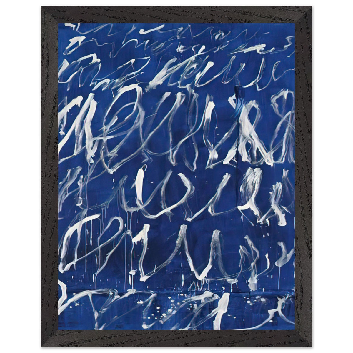 Untitled by Cy Twombly, framed art print, deep blue ground covered with energetic white brushstrokes, looping, 50x70 cm (20x28 in), black frame