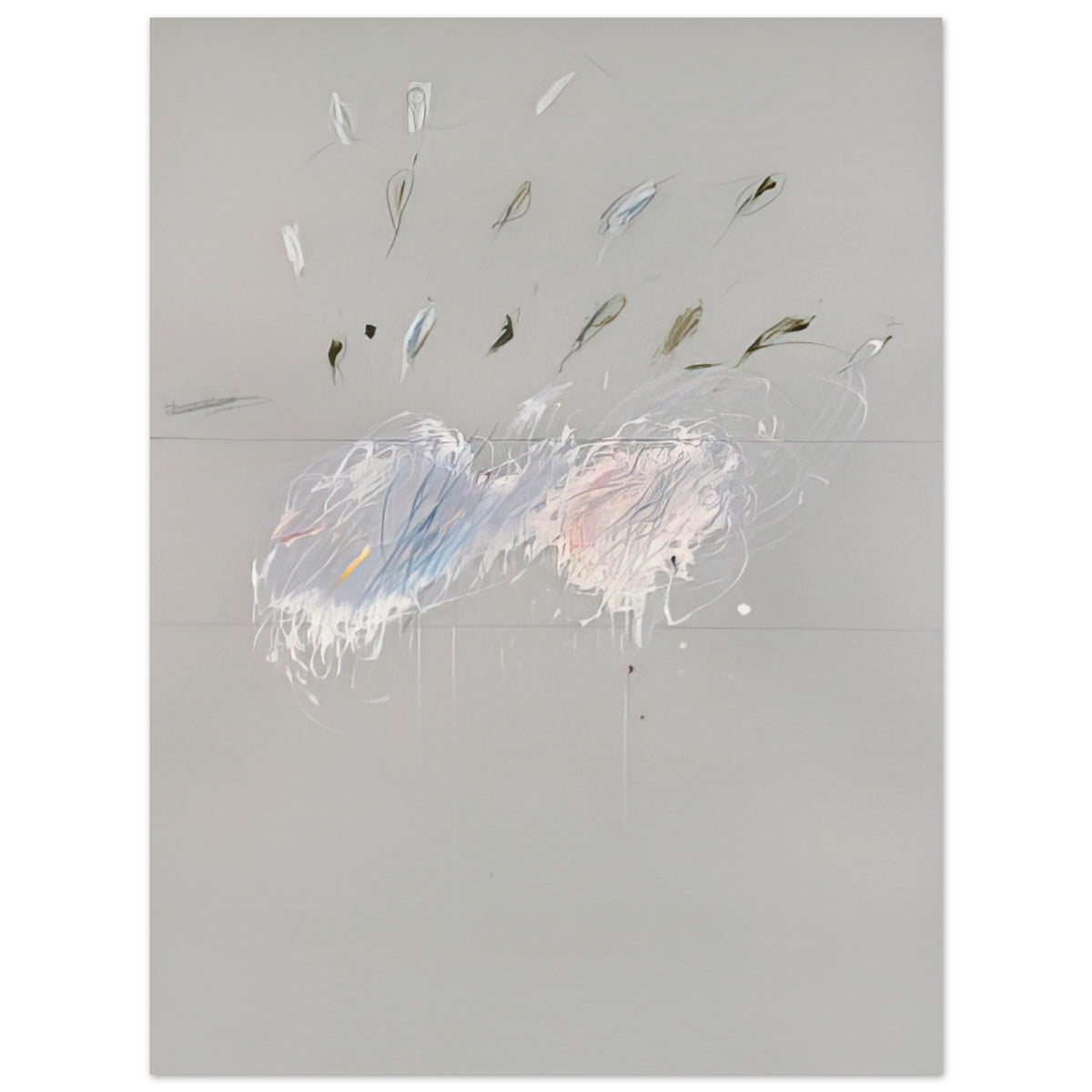 Nine Discourses on Commodus, Part VI by Cy Twombly, poster, muted gray background, delicate white brushstrokes, 60x80 cm (24x32 in)