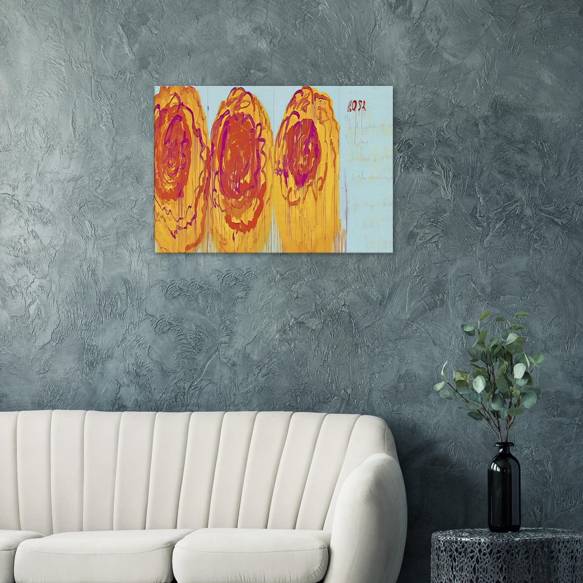 The Rose (I) by Cy Twombly canvas print: This striking composition features three large, rose-inspired forms in vivid red, orange, yellow….
