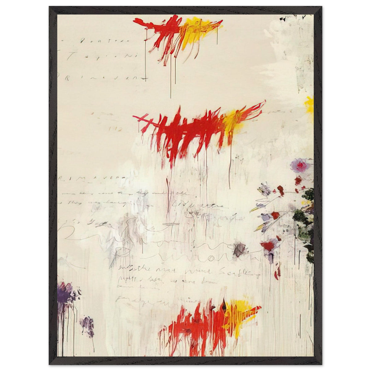 Quattro Stagioni I. Primavera by Cy Twombly, framed art print, energetic red and yellow brushstrokes, subtle purple and green details, 70x100 cm (28x40 in), wood frame