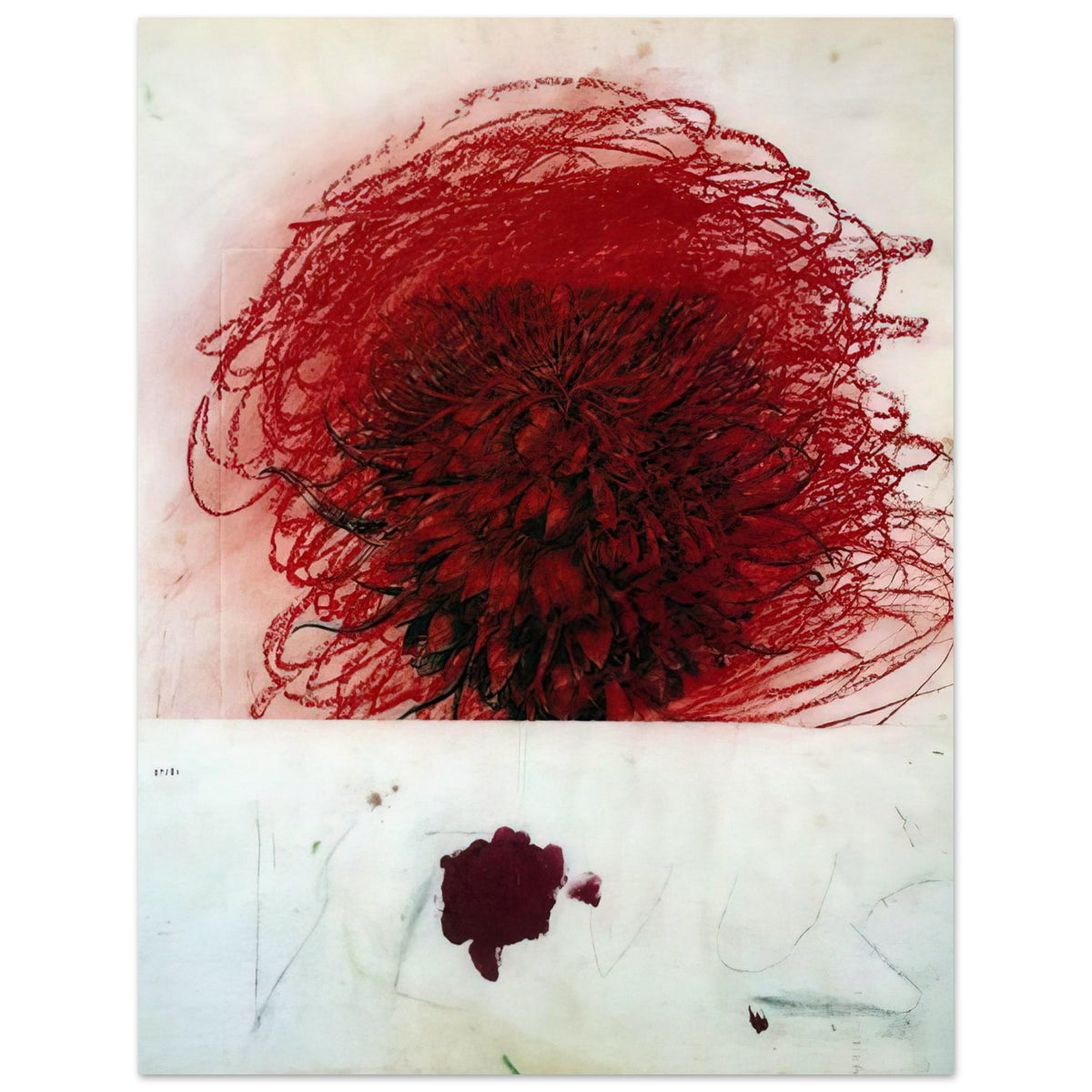 Pan II by Cy Twombly, poster, intense red composition with dense dark brushstrokes and swirling, 50x70 cm (20x28 in)