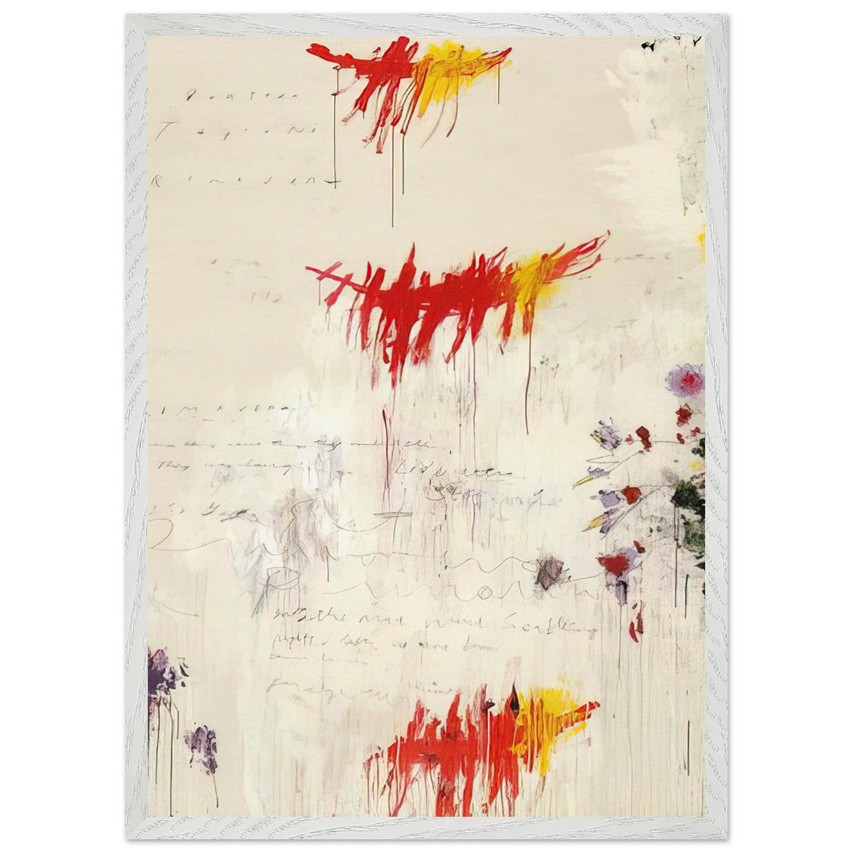 Quattro Stagioni I. Primavera by Cy Twombly, framed art print, energetic red and yellow brushstrokes, subtle purple and green details, 40x50 cm (16x20 in), black frame