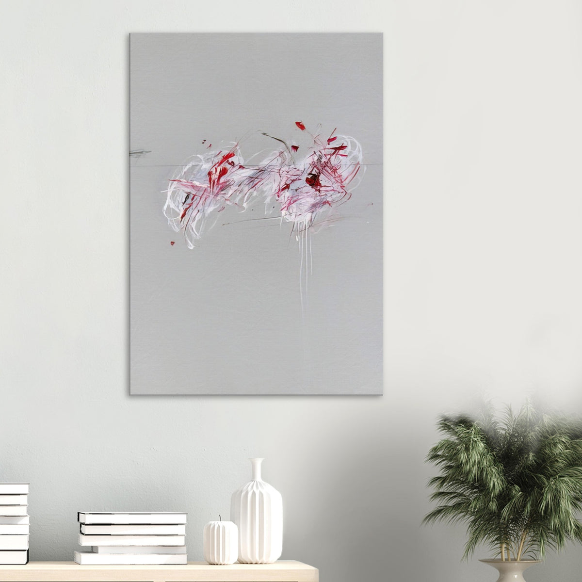 Nine Discourses on Commodus, Part II by Cy Twombly, canvas print; a restrained gray background, expressive red and crimson forms, delicate white brushstrokes, and intricate dark lines