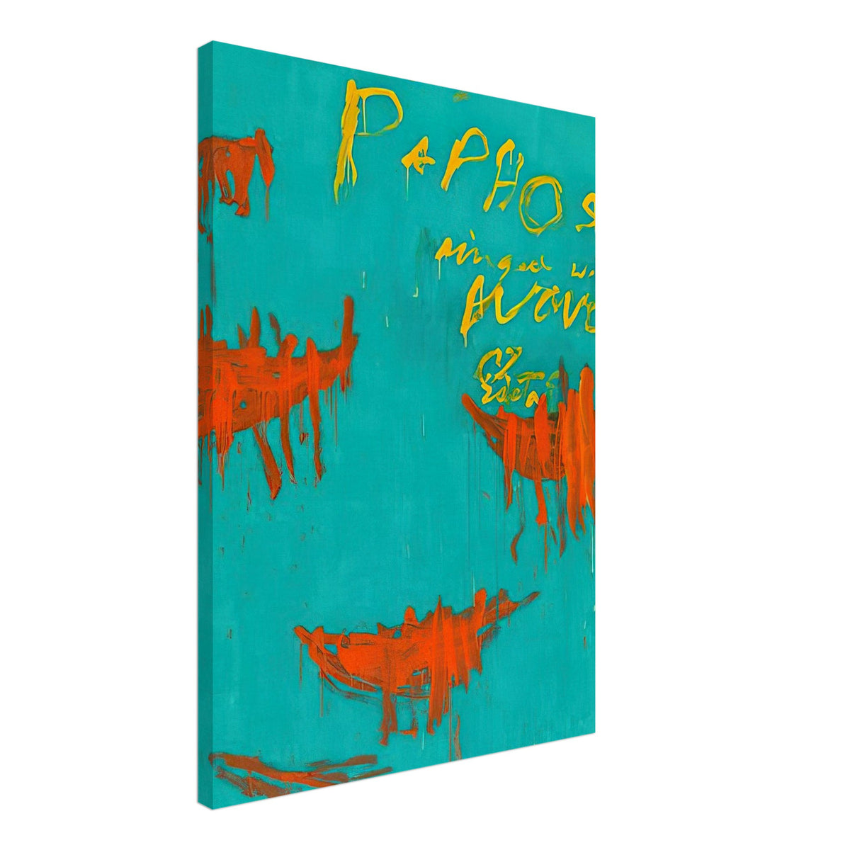 Leaving Paphos Ringed with Waves by Cy Twombly, canvas print, 70x100 cm / 28x40″; a rich turquoise background with energetic orange-red boat-like shapes and spontaneous yellow handwritten