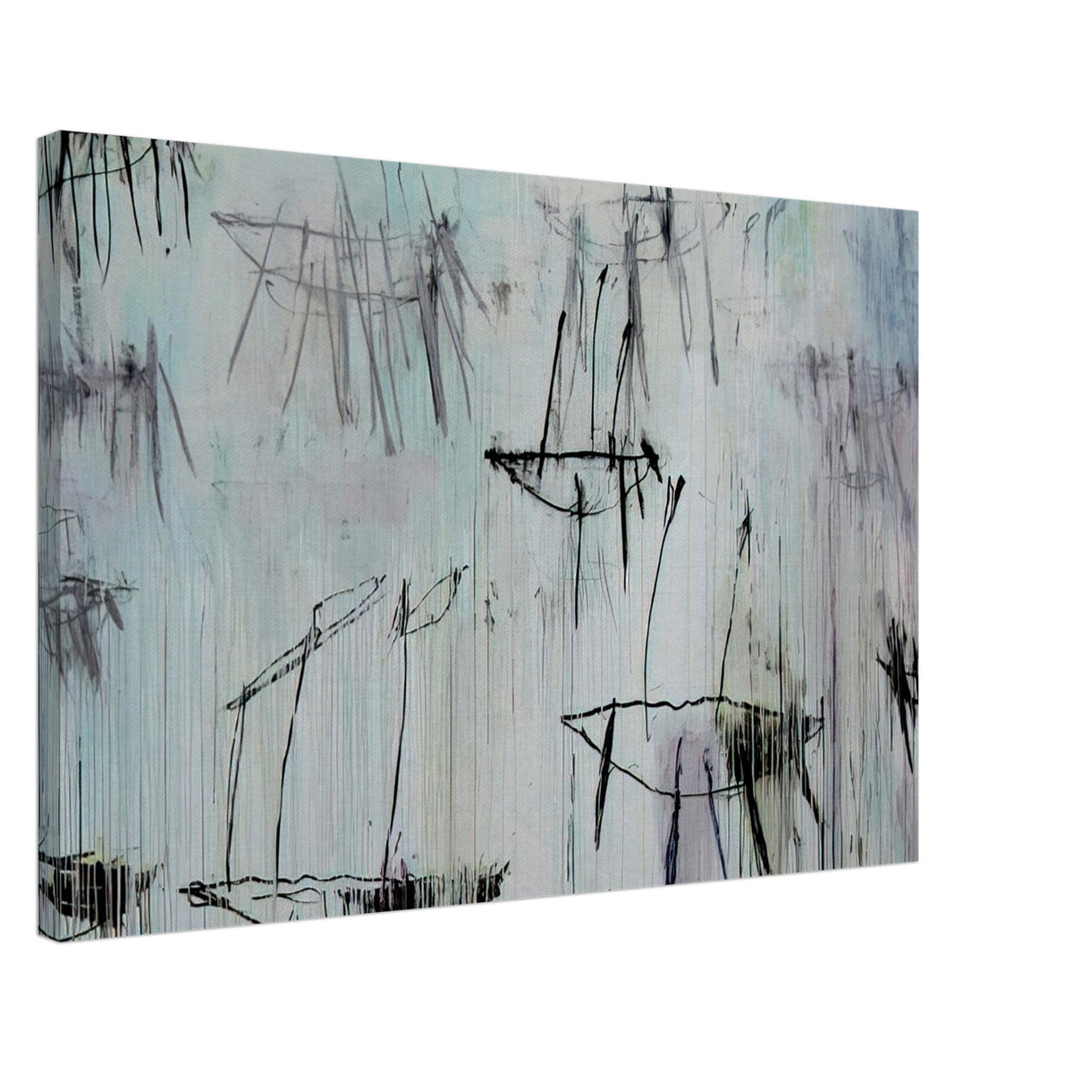 Lepanto, Part V by Cy Twombly canvas print, 50 × 75 cm / 20 × 30 in: a pale blue-gray background covered with spontaneous black lines, sketch-like geometric forms….