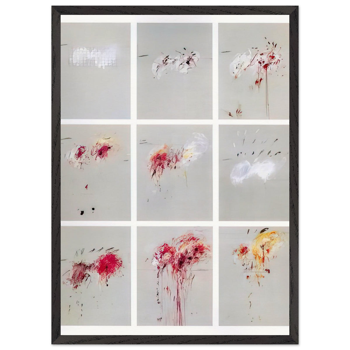 Nine Discourses on Commodus by Cy Twombly, framed art print, nine individual panels distinguished by muted gray backgrounds, 60x80 cm (24x32 in), white frame