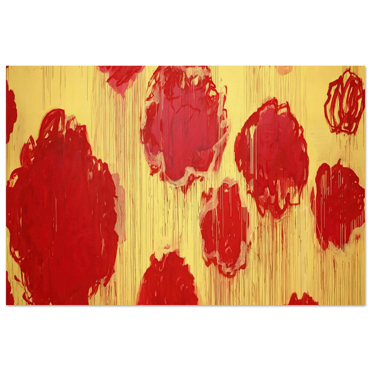 Untitled (Peonias series) by Cy Twombly poster, 60 × 90 cm / 24 × 36 in: This expressive composition features bold red and crimson forms against a luminous golden-yellow….