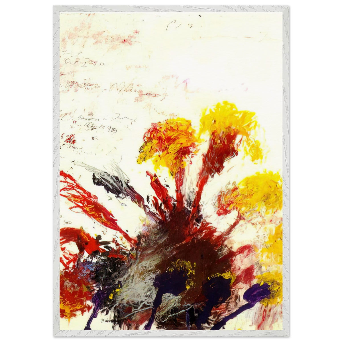 Summer Madness by Cy Twombly, framed art print, energetic red and crimson brushstrokes with bright yellow, orange, 50x70 cm (20x28 in), wood frame