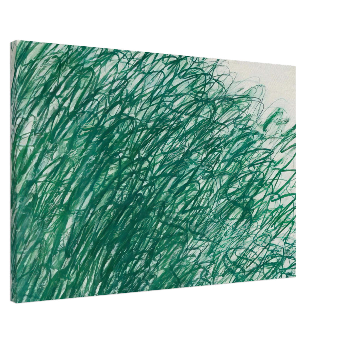 On Returning from Tonnicoda by Cy Twombly canvas print, 70 × 100 cm / 28 × 40 in: a dense network of sweeping green lines, overlapping loops, and spontaneous gestural marks across a pale….
