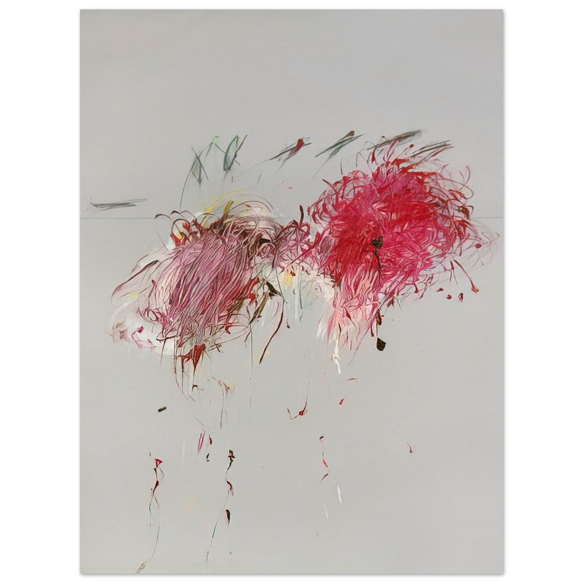 Nicola's Irises by Cy Twombly, poster, 40x50 cm / 16x20″; sweeping red and crimson brushstrokes, delicate pink accents, cool blue details, and dark gestural lines against a pale background