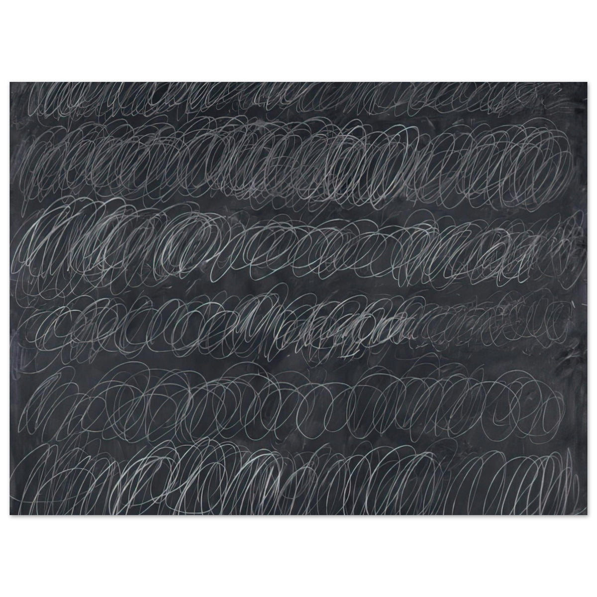 Cold Stream by Cy Twombly poster, 40 × 60 cm / 16 × 24 in: This monochromatic composition features repeated horizontal bands of overlapping white and gray loops….