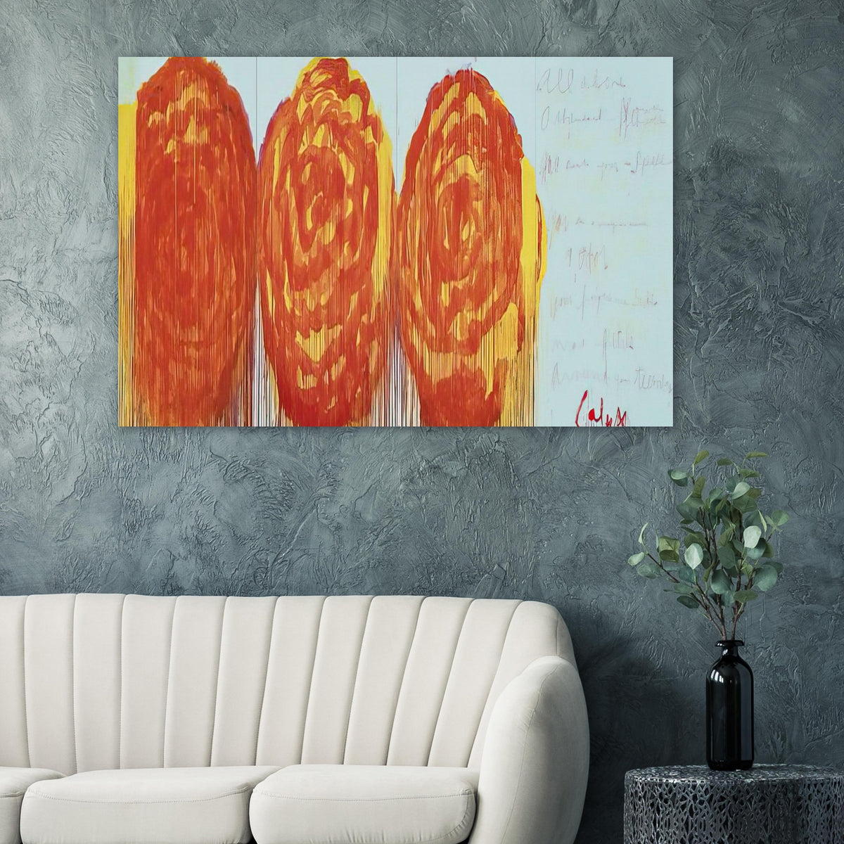 The Rose (II) by Cy Twombly poster: This expressive composition features three large, rose-inspired forms rendered in vivid shades of red….