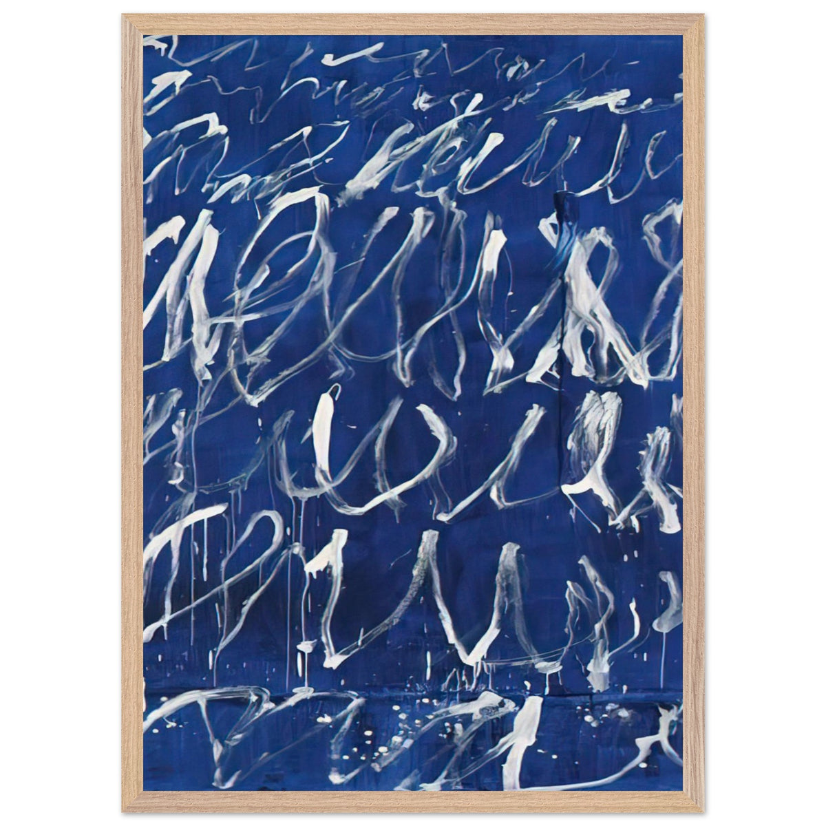 Untitled by Cy Twombly, framed art print, deep blue ground covered with energetic white brushstrokes, looping, 40x50 cm (16x20 in), wood frame