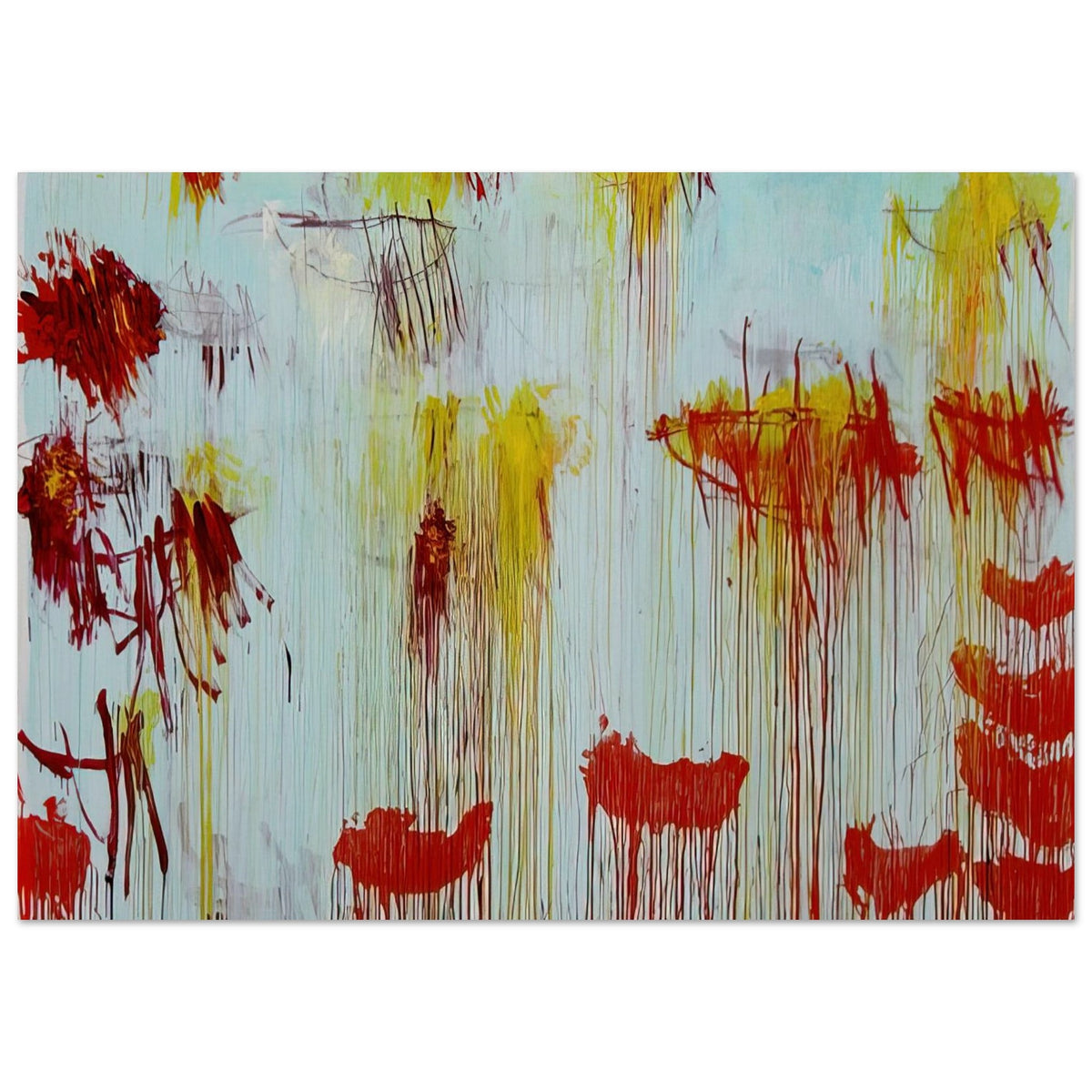 Lepanto, Part XI by Cy Twombly poster, 100 × 150 cm / 40 × 60 in: This expressive composition features a luminous pale turquoise background covered with energetic red….