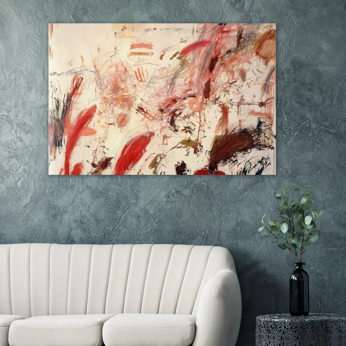 Ferragosto IV by Cy Twombly poster: This expressive composition features a warm cream background layered with energetic red, pink, orange….