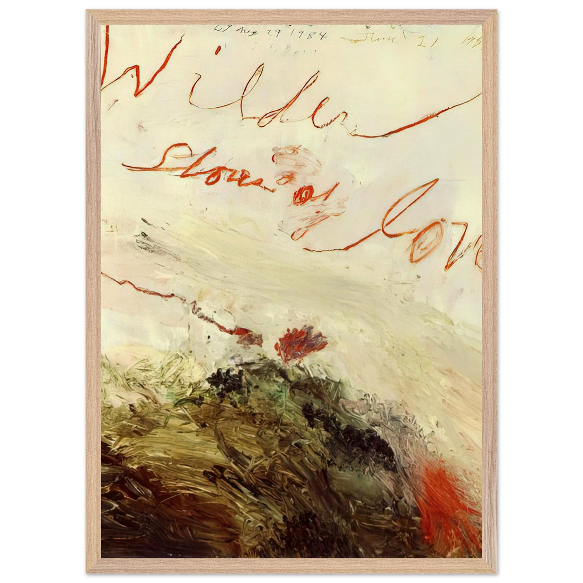 Wilder Shores of Love by Cy Twombly, framed art print, sweeping red and orange handwritten marks, subtle pencil lines, 70x100 cm (28x40 in), white frame