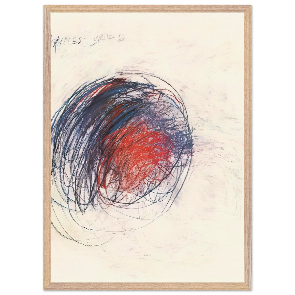 Fifty Days at Iliam: Shield of Achilles by Cy Twombly, framed art print, 70x100 cm / 28x40″, Wood frame; intricate black lines, expressive red strokes, deep blue accents