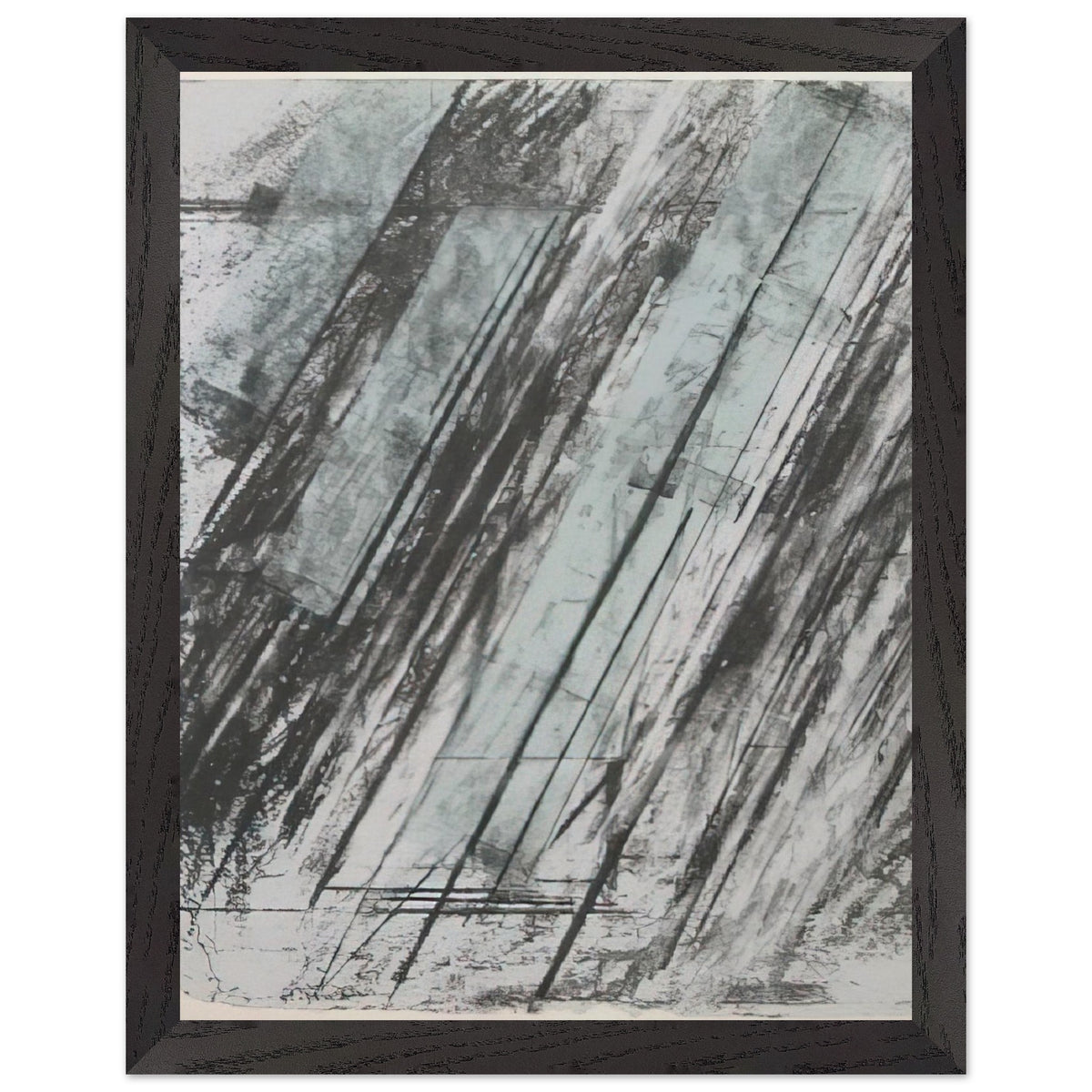 Untitled (Bastian 38) by Cy Twombly, framed art print, powerful diagonal strokes, layered black and gray marks, 40x50 cm (16x20 in), wood frame