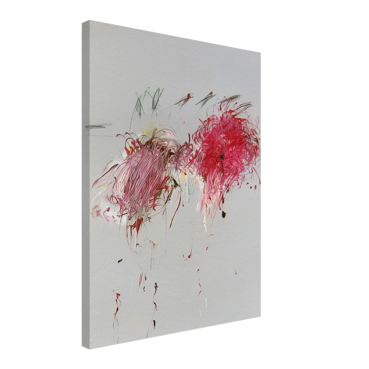 Nicola's Irises by Cy Twombly, canvas print, 50x70 cm / 20x28″; sweeping red and crimson brushstrokes, delicate pink accents, cool blue details