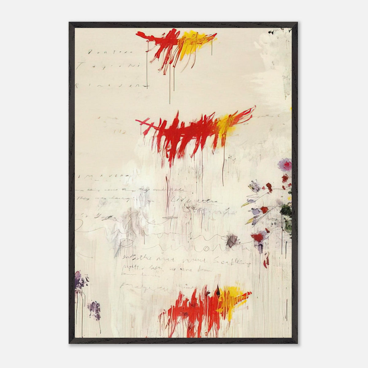 Quattro Stagioni I. Primavera by Cy Twombly, framed art print, energetic red and yellow brushstrokes, subtle purple and green details