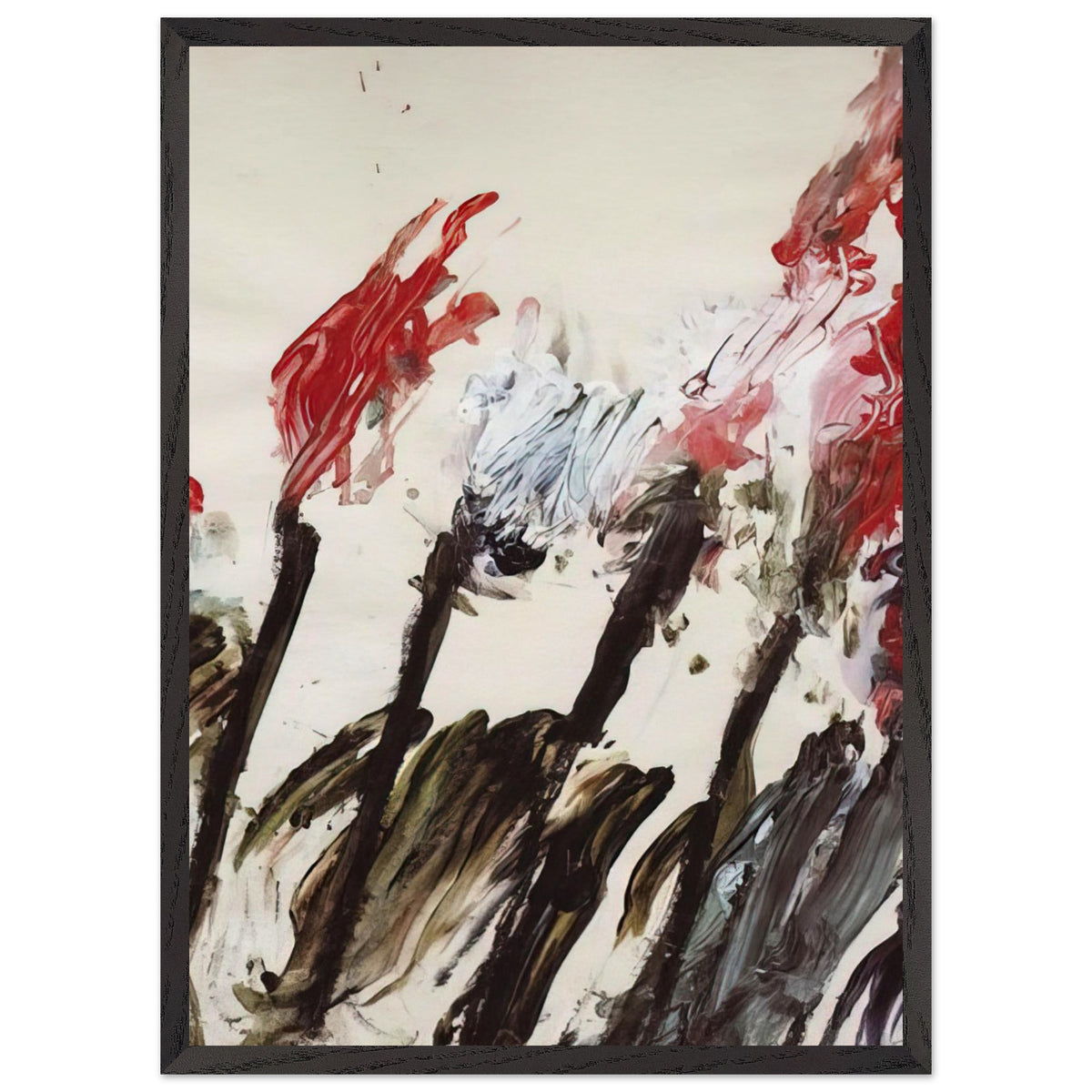 Nicola's Irises by Cy Twombly, framed art print, 60x80 cm / 24x32″, Black frame; sweeping red and crimson brushstrokes, delicate pink accents, cool blue details