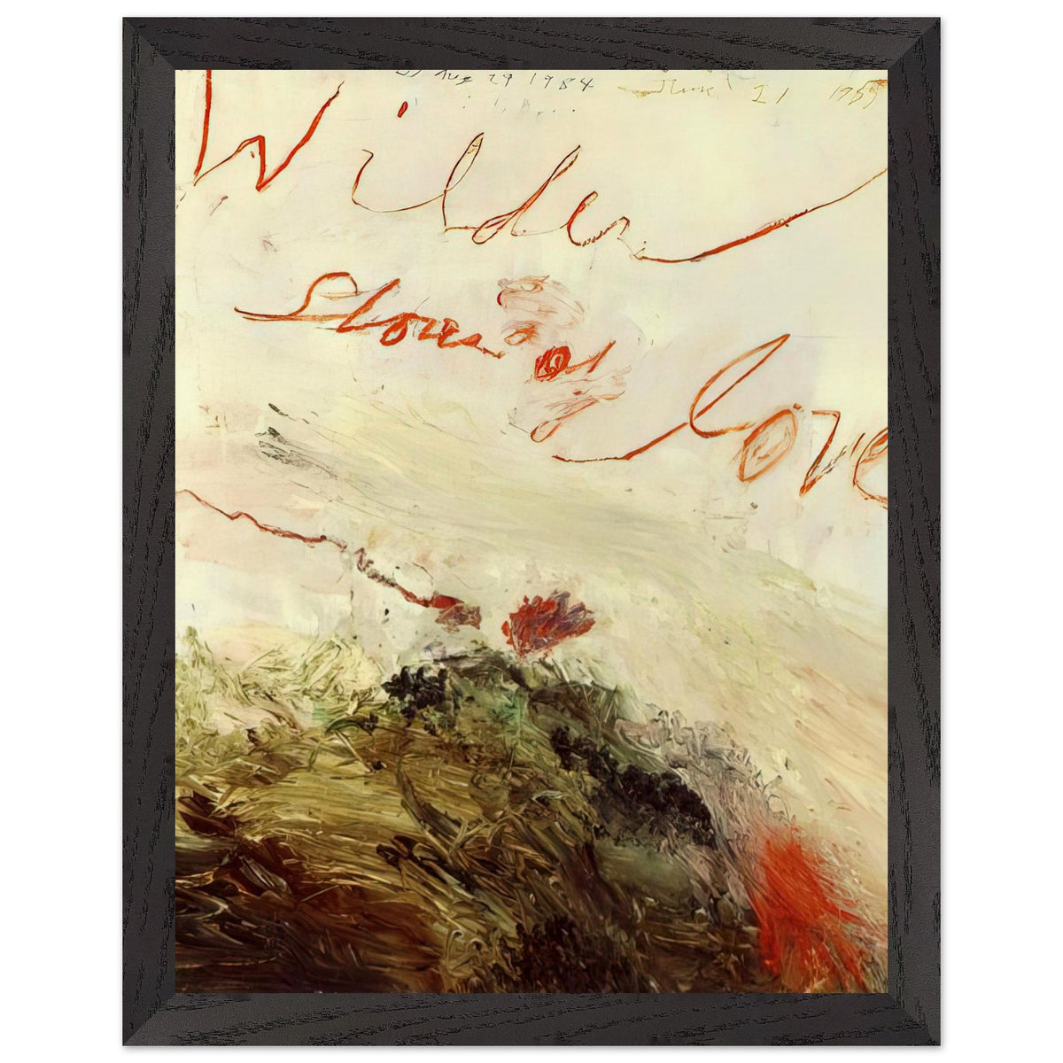 Wilder Shores of Love by Cy Twombly, framed art print, sweeping red and orange handwritten marks, subtle pencil lines, 27x35 cm (11x14 in), black frame