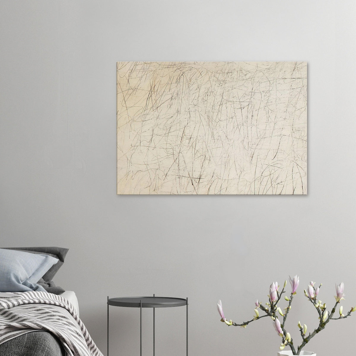 The Geeks by Cy Twombly canvas print: a warm ivory background filled with delicate pencil-like lines, overlapping scribbles, angular gestures….
