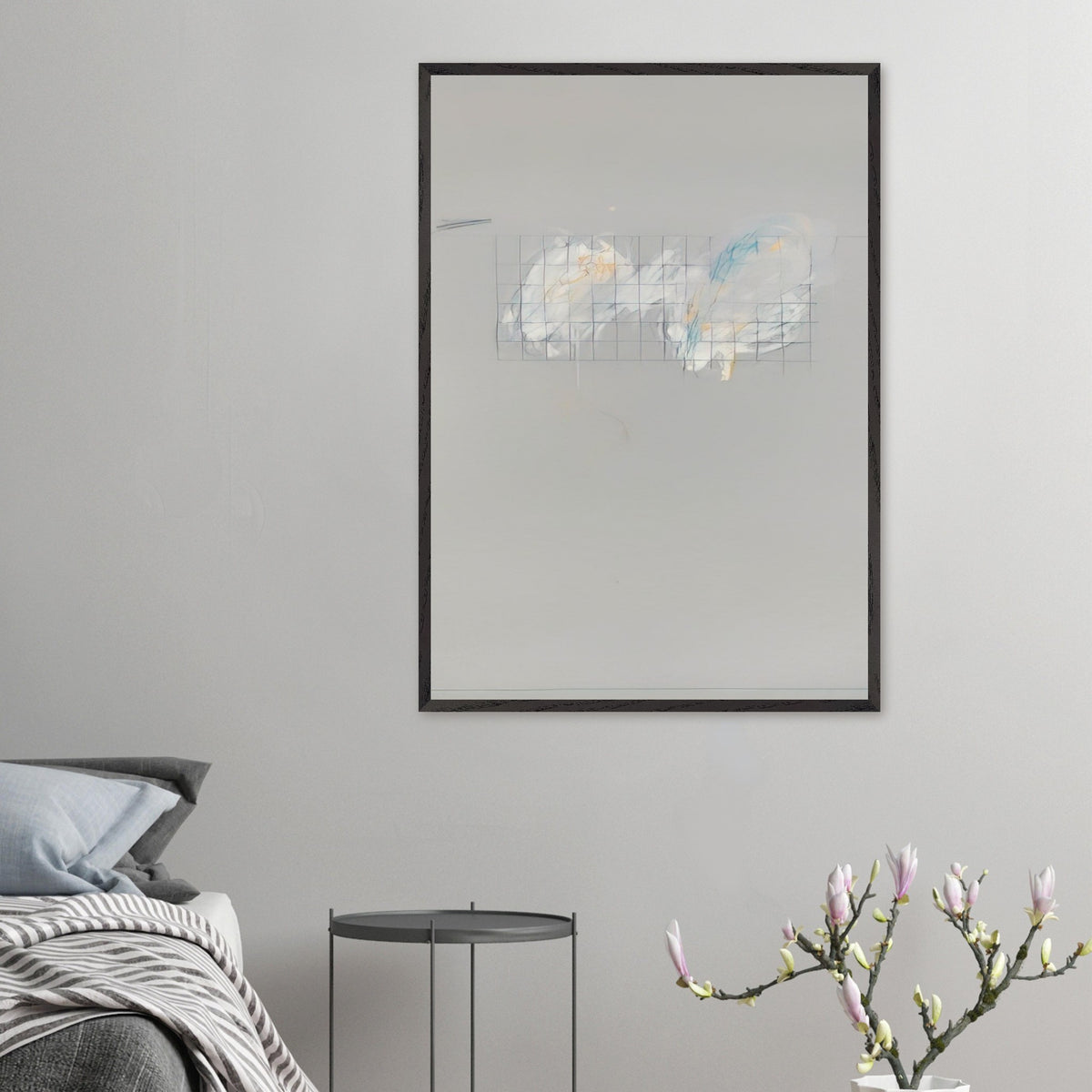 Nine Discourses on Commodus, Part I by Cy Twombly, framed art print; a muted gray background, a delicate grid of intersecting lines, and subtle accents of white, pale blue, yellow