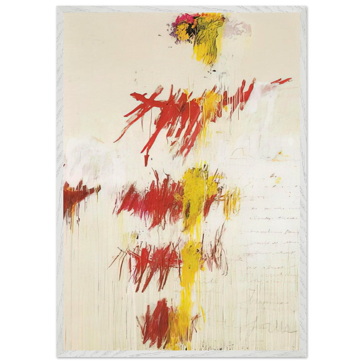 Quattro Stagioni II. Primavera by Cy Twombly, framed art print, energetic red and crimson brushstrokes, luminous yellow accents, 70x100 cm (28x40 in), black frame