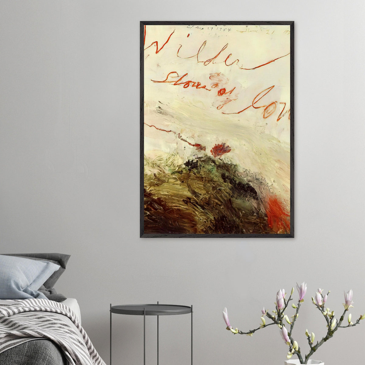 Wilder Shores of Love by Cy Twombly, framed art print, sweeping red and orange handwritten marks, subtle pencil lines