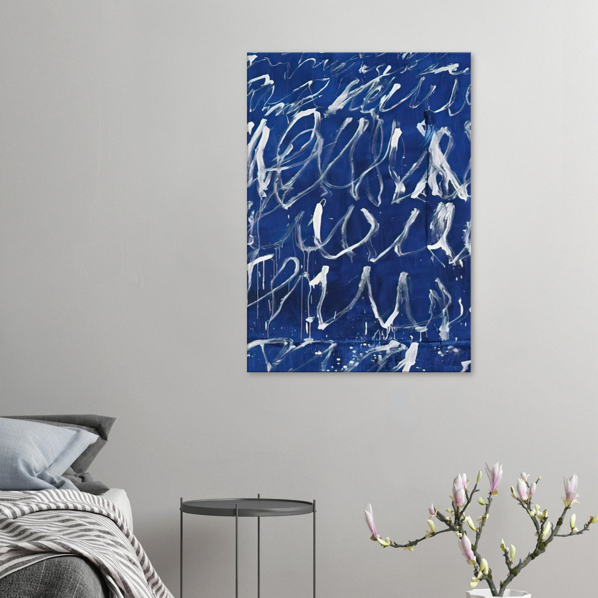 Untitled by Cy Twombly, canvas print, energetic white brushstrokes across a deep blue background, with