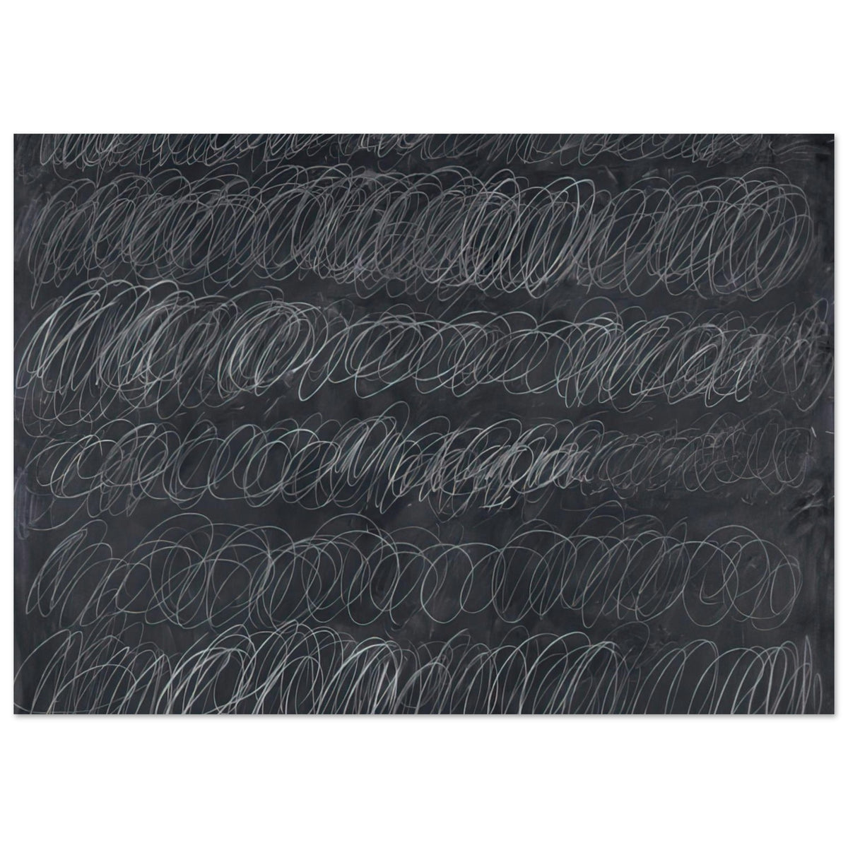 Cold Stream by Cy Twombly poster, 75 × 100 cm / 30 × 40 in: This monochromatic composition features repeated horizontal bands of overlapping white and gray loops….