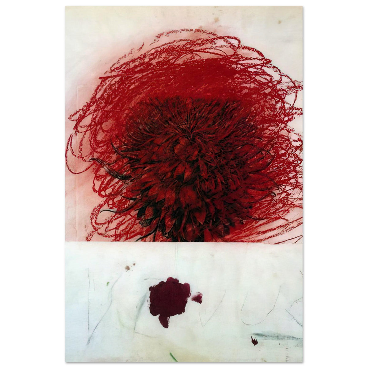Pan II by Cy Twombly, poster, intense red composition with dense dark brushstrokes and swirling, 20x25 cm (8x10 in)