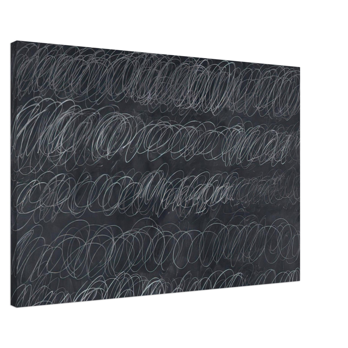 Cold Stream by Cy Twombly canvas print, 50 × 75 cm / 20 × 30 in: repeated rows of overlapping white and gray loops across a deep charcoal-gray background.