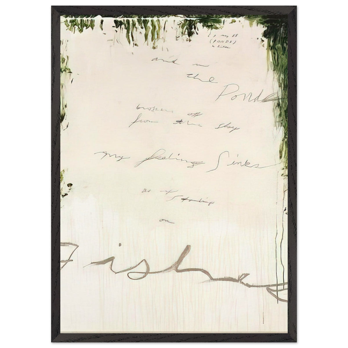 Untitled (A Painting in Nine Parts), Part I by Cy Twombly, framed art print, pale, open central field surrounded by expressive dark green, 27x35 cm (11x14 in), black frame
