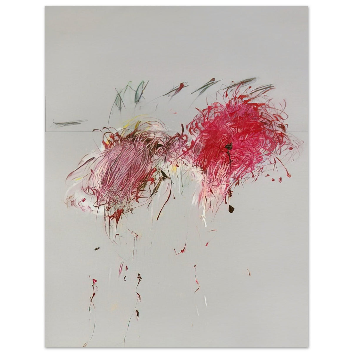 Nicola's Irises by Cy Twombly, poster, 27x35 cm / 11x14″; sweeping red and crimson brushstrokes, delicate pink accents, cool blue details, and dark gestural lines against a pale background