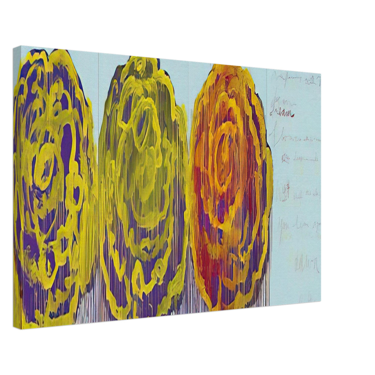 The Rose (III) by Cy Twombly canvas print, 50 × 75 cm / 20 × 30 in: This striking composition features three large, rose-inspired forms in vivid yellow, orange, green….